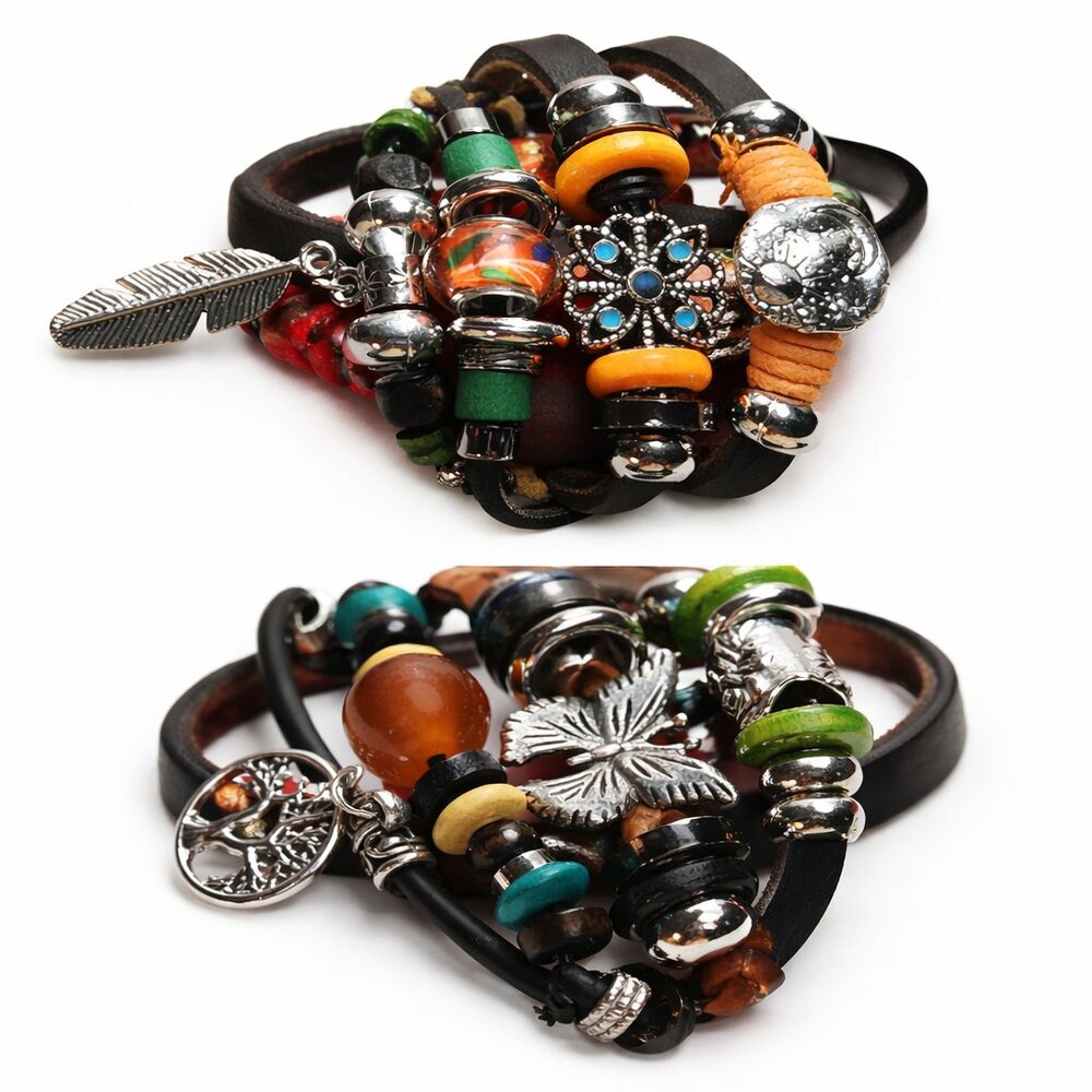 Unisex bracelet multistrand beads charms silver tone hardware NIP